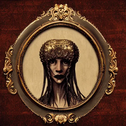 Prompt: ambrotype of a cthulhu high priestess in a baroque frame, trending on artstation, 4k