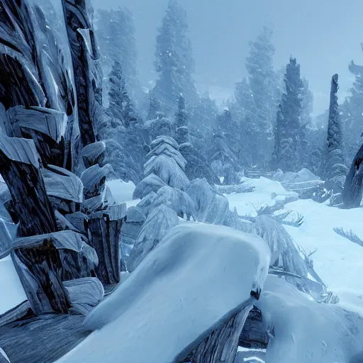 Prompt: frostpunk wood resources, a lot of snow, coast, abandoned