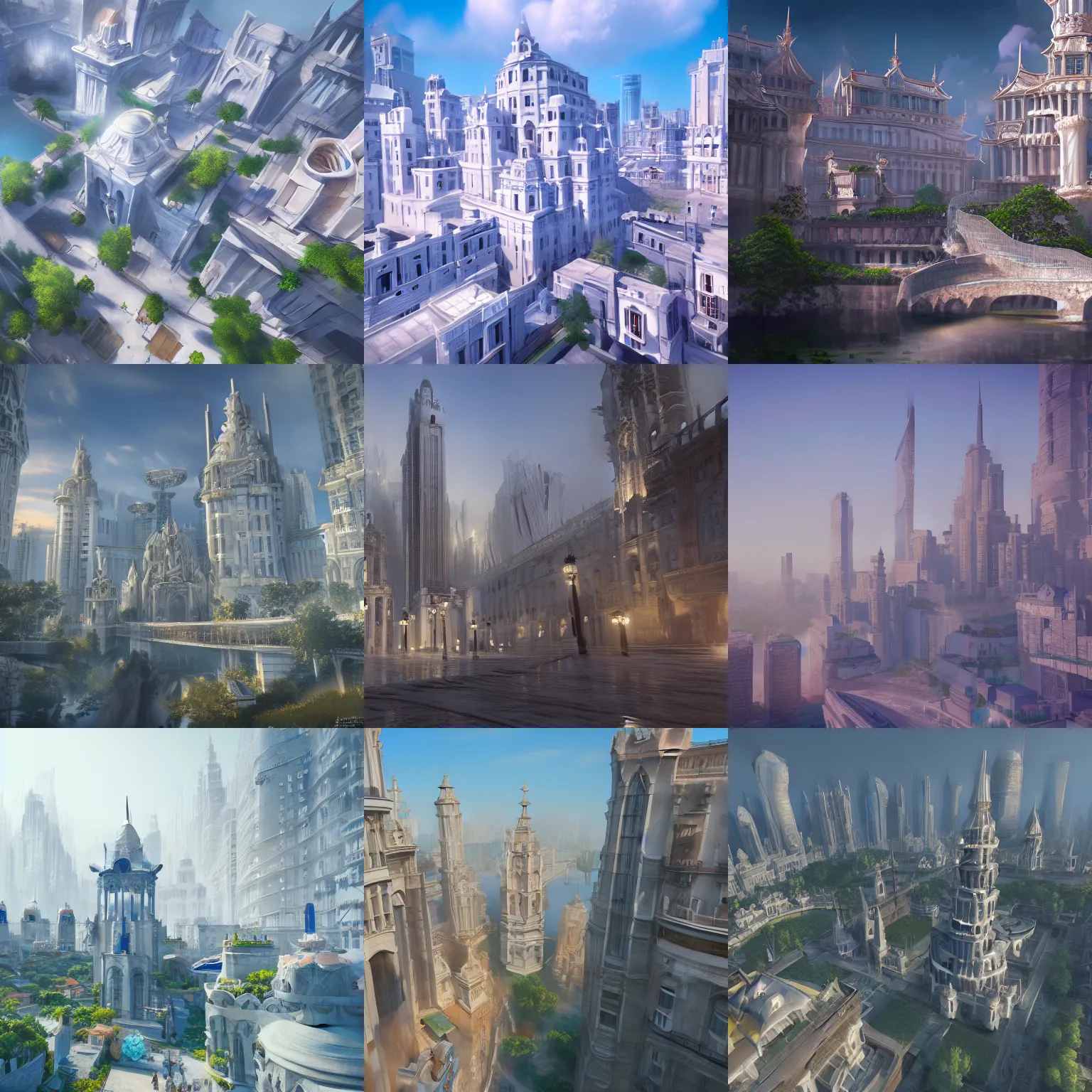 Prompt: fantasy city, white marble buildings, high towers, bright, waterways, smooth, artstation, anime, high realism, 8k, unreal engine, chinese art