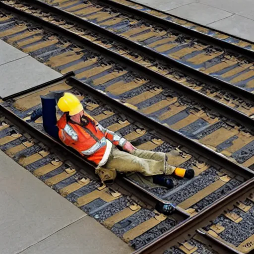 Image similar to factorio engineer laying on train tracks