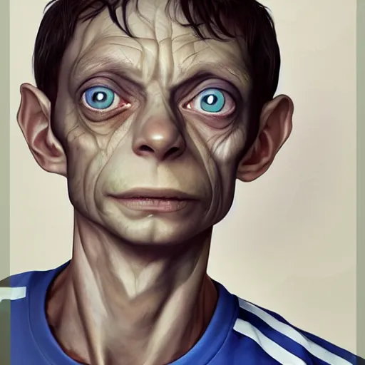 Prompt: beautiful portrait of an insanely gorgeous Gollum with blue eyes, brown hair and a perfect body, adidas tracksuit, character design by charlie bowater, ross tran, artgerm, and makoto shinkai, detailed, soft lighting, rendered in octane