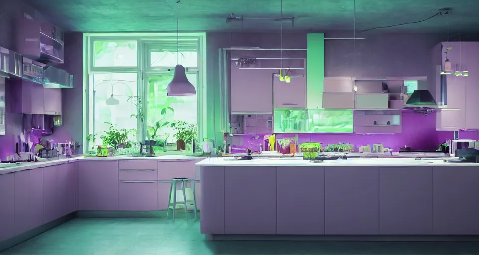 Prompt: IKEA catalogue photo, high end farm house style kitchen, cyberpunk with neon lighting, purple, cyan, orange, organic, vines by Beksiński