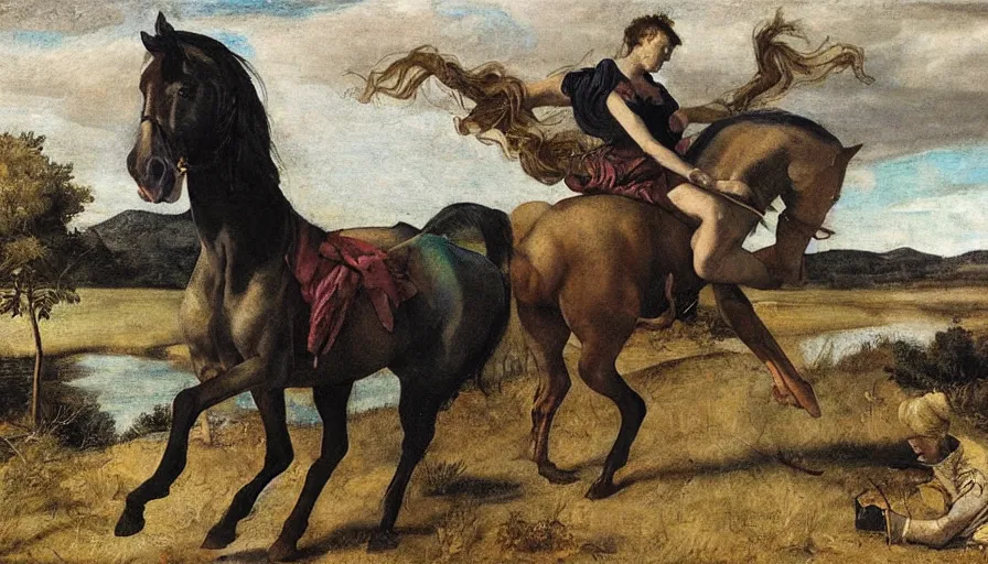 Image similar to pulling the iridescent horse Artax from a dreary swamp, in the style of Artemisia Gentileschi