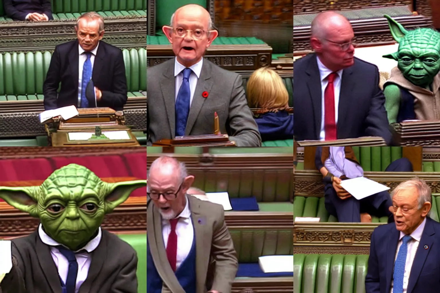 Prompt: prime minister Yoda wearing a suit answering questions in the house of commons