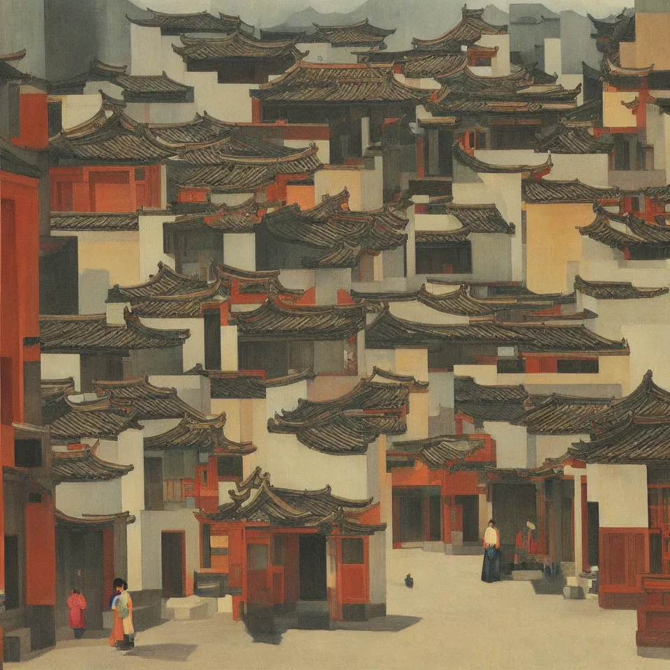 Image similar to a painting of hongcun ancient village houses by edward hopper and nicolas party