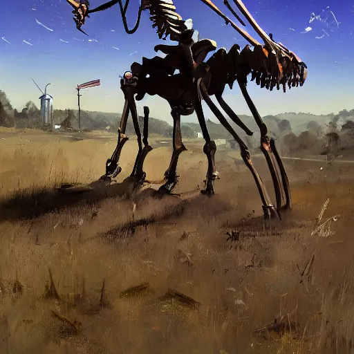 Prompt: a painting of a giant skeleton on a farm leaning against a barn with a spear through its rib cage, concept art by ismail inceoglu, trending on artstation, environmental art, apocalypse art, 2 d game art, concept art. detailed. masterpiece
