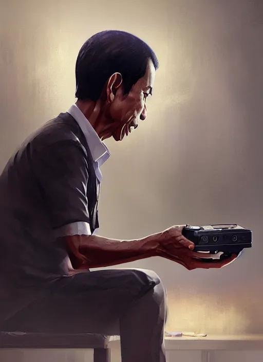 Image similar to portrait of jokowi playing playstation. highly detailed, digital painting, concept art, smooth, sharp focus, illustration, art by greg rutkowski