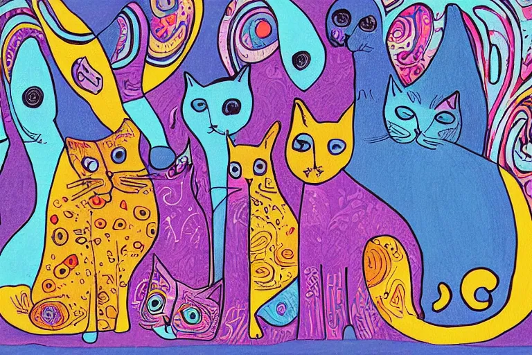 Prompt: beautiful art illustration of a group of cat by laurel burch