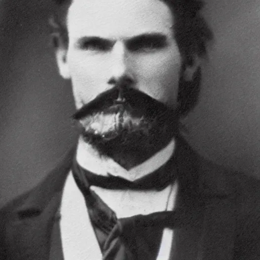 Image similar to A photograph portrait of Jerma985 as a cowboy with a pyramidal mustache in the late 1800s, taken in the late 1800s, 1870s, grainy, taken on a Field View Camera, realistic, hyperrealistic, very realistic, highly detailed, very detailed, extremely detailed, detailed, digital art, trending on artstation