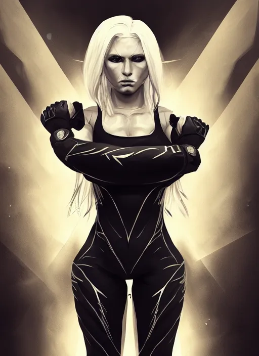 Prompt: a highly detailed illustration of fierce platinum blonde woman wearing black mma gear, heroic fighting stance pose, intricate, elegant, highly detailed, centered, digital painting, artstation, concept art, smooth, sharp focus, league of legends concept art, wlop