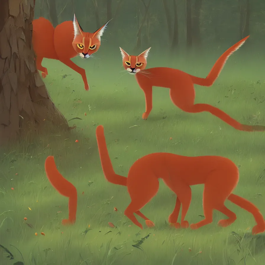 Prompt: Goro Fujita illustrating photo of a cate caracal in the woods, by Goro Fujita, ilustration, concept art, sharp focus, highly detailed, ArtStation