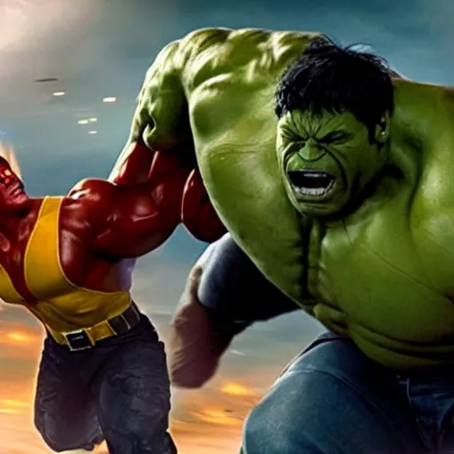 Image similar to hulk fighting juggernaut from x - men, marvel movie, cinematic, explosive action, vfx, artistic