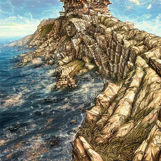 Image similar to fortress sitting on the edge of a cliffed coast by ayami kojima, digital art, very detailed