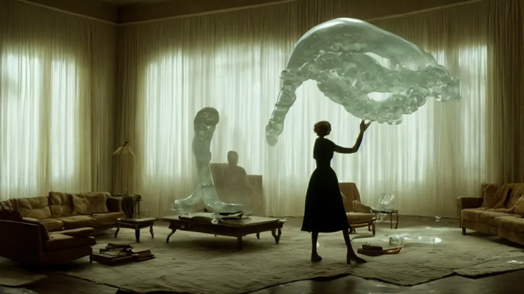 Image similar to a giant hand made of wax and water floats through the living room, film still from the movie directed by Denis Villeneuve with art direction by Salvador Dalí, wide lens