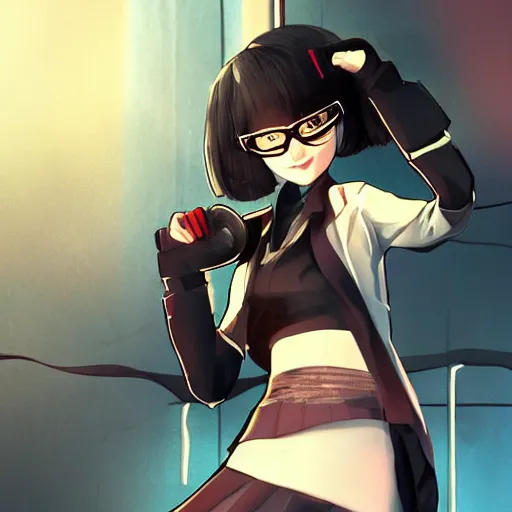 Prompt: neotokyo, luxury advertisement, cinematic astonishing portrait of a very beautiful anime schoolgirl with black bob hair, full perfect face, she is dancing, wearing glasses. Style of cytus and deemo, highly detailed background, artstation, 120 degree view, set in Half-Life 2 and Deus Ex Human Revolution, drawn by Sasoura, Satchely and Akihiko Yoshida, no distortion