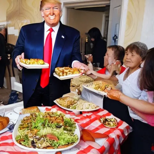 Image similar to donald trump feeding the homeless in the style of studio ghibli