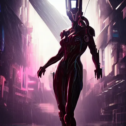 Image similar to photo of tenno from warframe in the style of stefan kostic, realistic, cyberpunk, neon, nighttime, rain storm, body shot, sharp focus, 8 k high definition, insanely detailed, intricate, elegant, art by stanley lau and artgerm, floating embers