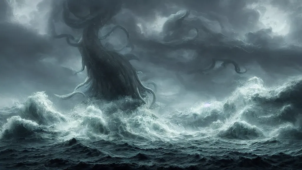Prompt: giant massive kraken rising out a stormy ocean, near a boat, stormy weather, intricate, detailed, volumetric lighting, scenery, digital painting, highly detailed, concept art, ruan jia, steve mccurry