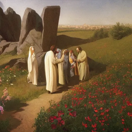 Prompt: A painting depicting the resurrection of Jesus Christ, (Jean Jules Linden), Peter Ilsted, (((flowers))), ((monolith))