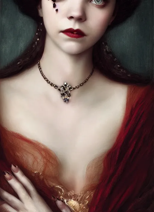 Image similar to a portrait of an elegant beautiful dark bohemian vampire woman, smooth face, glamour shot, (Anya Taylor-Joy), bored, illustration, dramatic lighting, soft details, painting oil on canvas, art nouveau, octane render, HDR, 4k, 8k, HD, by Edmund Blair Leighton, Brom, Charlie Bowater, trending on artstation,