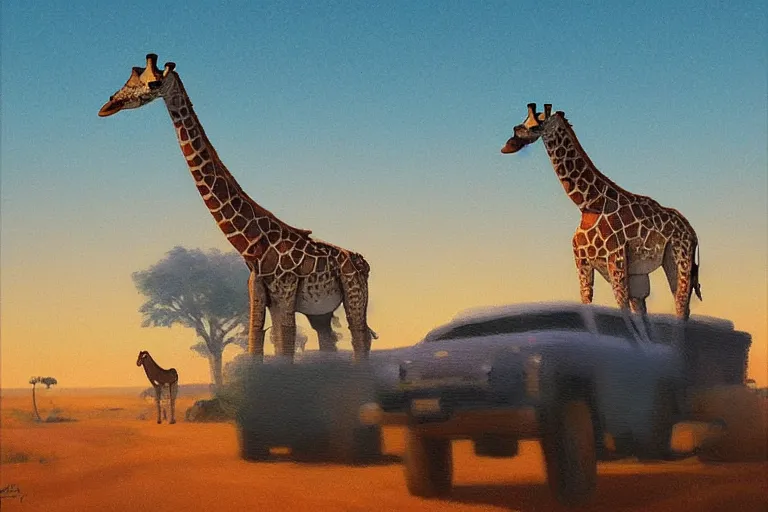 Image similar to ford giraffe, art by james gurney, trending on artstation, moon light isometric view tonalism, bokeh, surrealism, infrared, dadaism