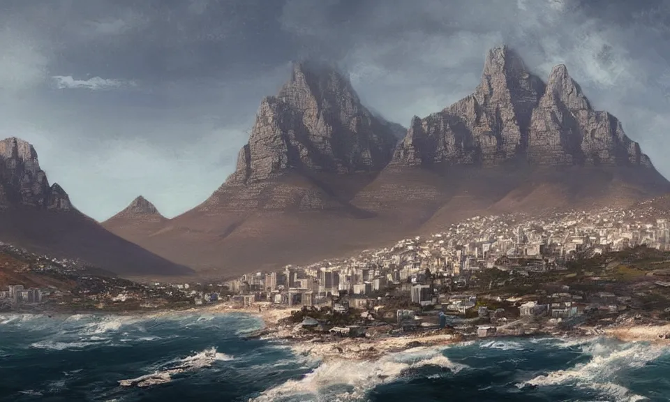 Prompt: Cape Town, designed by Greg Rutkowski. Trending on Artstation