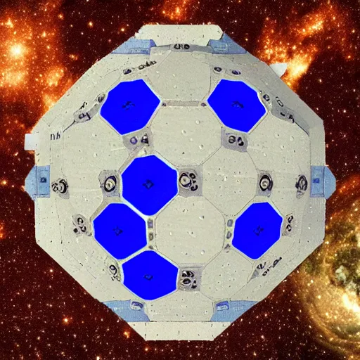 Image similar to a beige polygon space station with black greebles and glowing blue dots