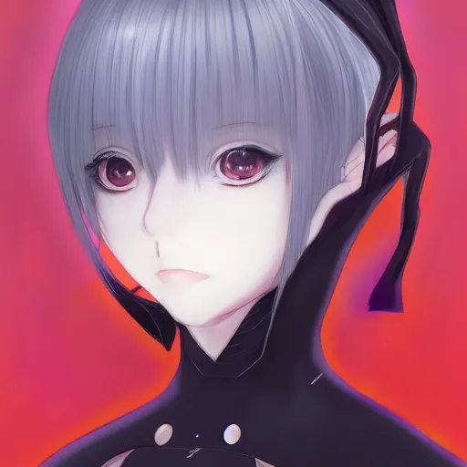 Image similar to portrait of 2 b, anime fantasy illustration by tomoyuki yamasaki, kyoto studio, madhouse, ufotable, symmetrical face, trending on artstation