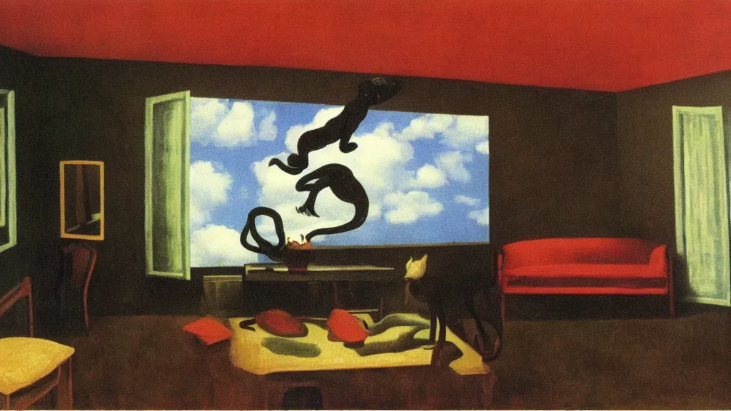 Image similar to A claymation of a strange creature crawling on the living room ceiling by René Magritte