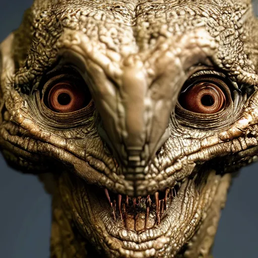 Image similar to photo taken of an epic intricate, ultra detailed, super realistic gritty, wet, lifelike sculpture of an alien grey creature created by weta workshop, zoomed in shots, sublime subsurface scattering, photorealistic, sharp focus, white wall coloured workshop, desaturated, cold colour temperture, f 0. 4, face centred, golden ratio, golden hour