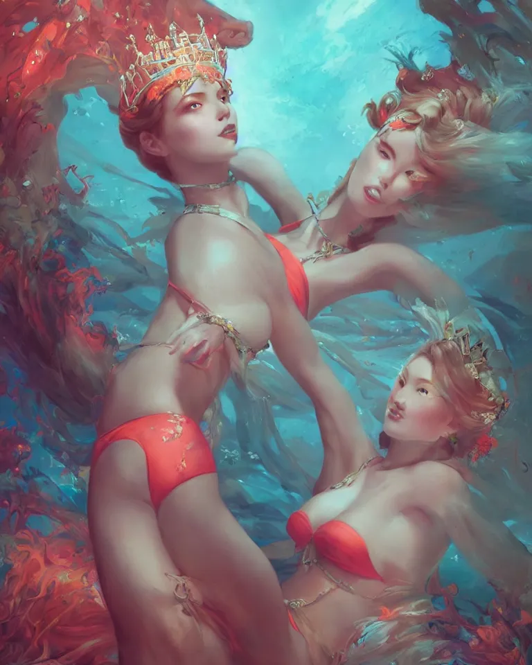 Prompt: masterpiece portrait of a beautiful stunning queen of coral with chic accessories, in neon reflective bikini, beach, fantasy character portrait, dynamic pose, above view, top lighting, art by charlie bowater and wenjun lin and starember and gil elvgren