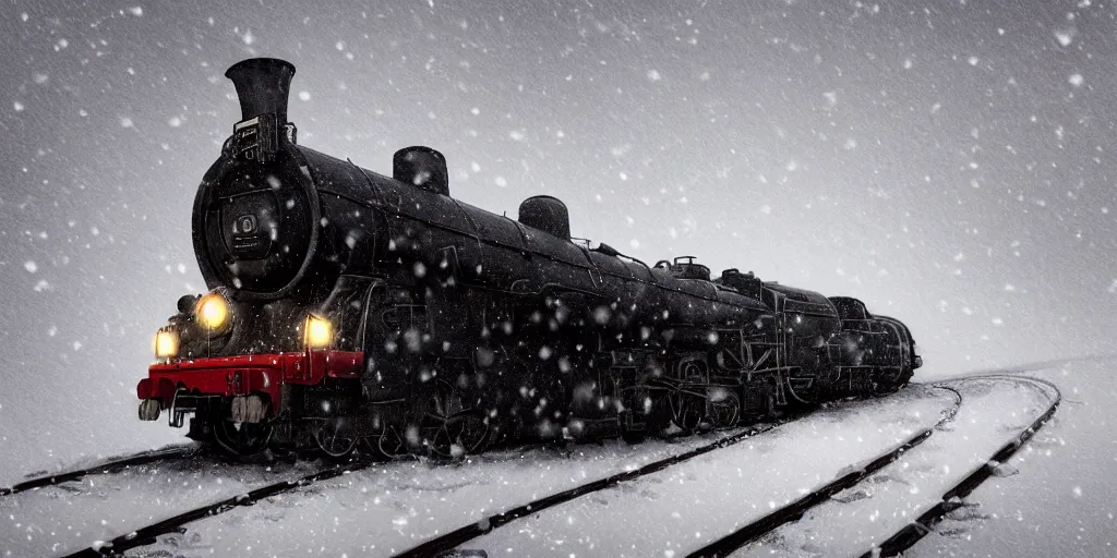 Prompt: ultra realistic illustration, a heavy steam train in the snow under a blizzard, snow landscape, elegant, highly detailed, artstation, concept art, smooth, sharp focus, moody, dramatic lighting