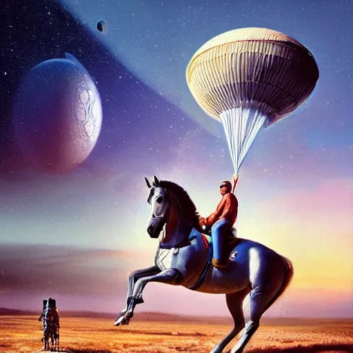 Prompt: a horse on top of a astronraft, the man is carried by the horse, hyperrealism, no blur, 4 k resolution, ultra detailed, style of ron cobb, adolf hiremy - hirschl, syd mead, ismail inceoglu, rene margitte