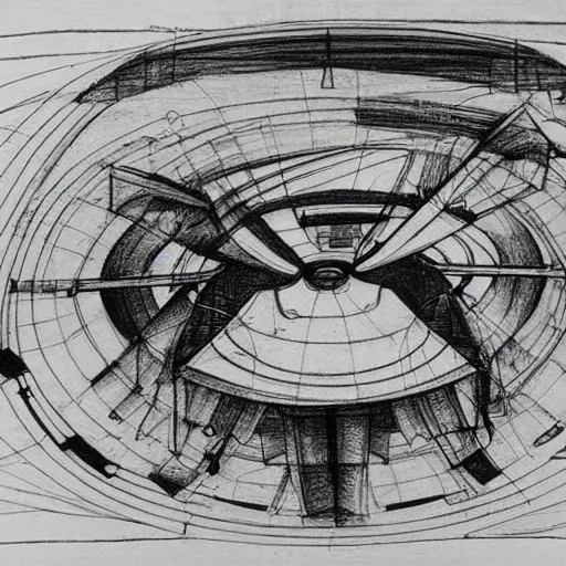 Image similar to various sketches of an alien spaceship in the style of leonardo da vinci, ultra detailed, scribbles, technical drawing, engineering blueprints