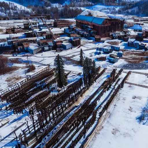 Image similar to top down drone footage of post pocaliptic frostpunk landscape, old lumber mill and few trees remains, crates with wood and supply, beautiful icy area