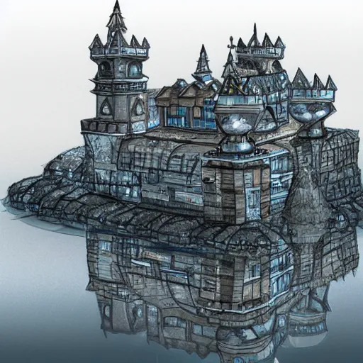 Image similar to an epic drawing Artstation style of a floating castle, with diamonds and crystals buildings around it. Ray tracing reflections,