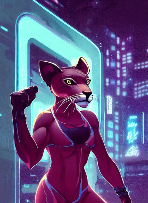 Image similar to beautiful portrait commission of a female furry anthro mountain lion wearing gym clothes. Cyberpunk city at night in the rain. Neon light. Atmospheric. Character design by charlie bowater, ross tran, artgerm, and makoto shinkai, detailed, inked, western comic book art
