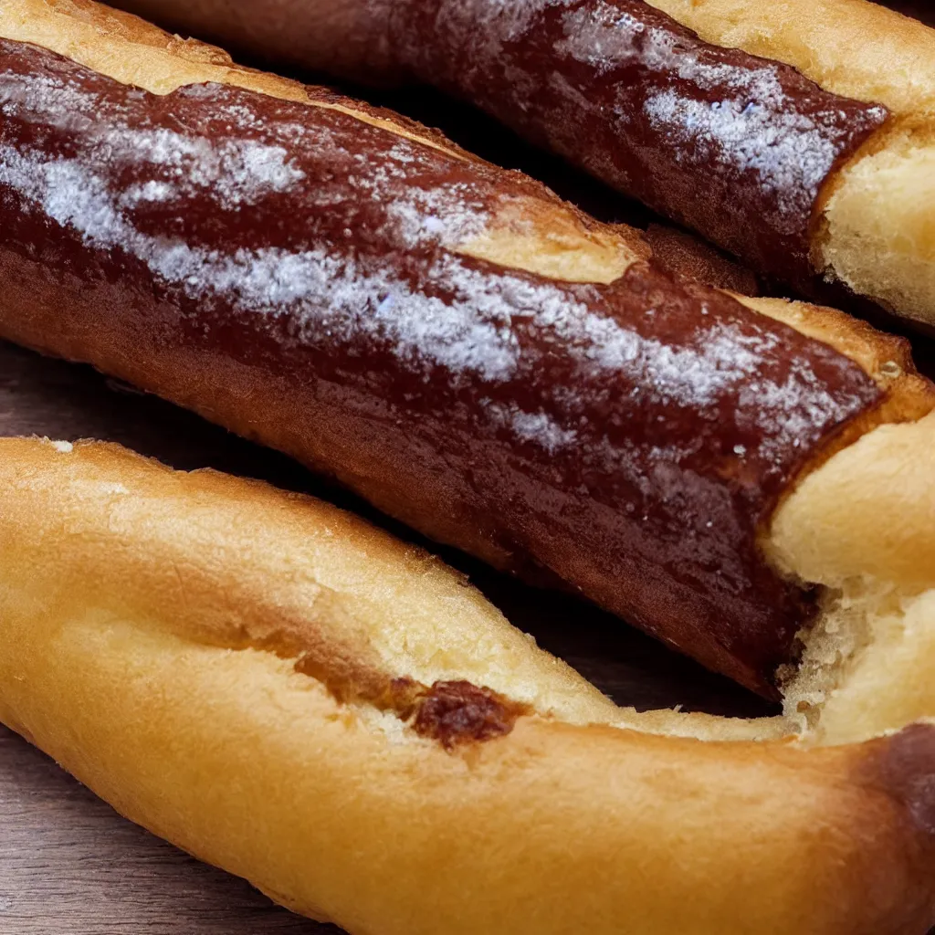 Prompt: close up view of eclair on top of a wooden table, 8k, photorealistic, proper shading