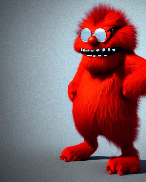 Prompt: 3 d render of completely red hairy friendly antropomorphic creature wearing chrome shades, without nose and small grin, full body, standing on 2 feet, in the style of pixar, white background, unreal engine 5, octane render, highly detailed hdr