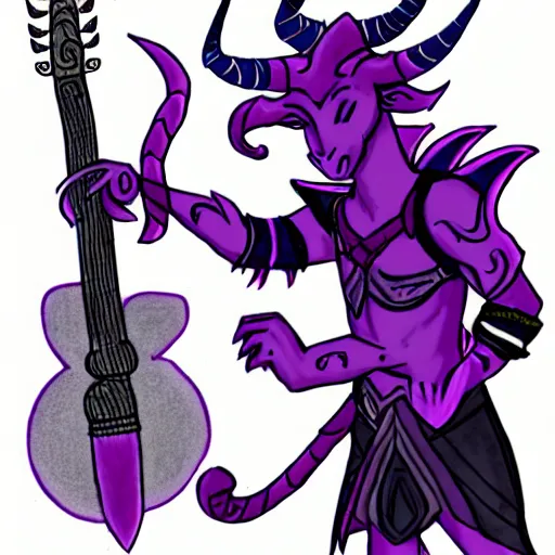 Image similar to a purple tiefling bard with long white horns wearing light armor and carrying a guitar as drawn by the sketch goblin and thesketchgoblin