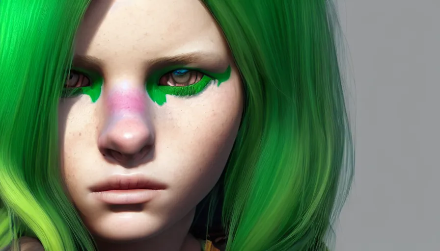 Prompt: headshot portrait, girl, green eays, multi - colored hair, a tear on his cheek, ultra realistic, hyperrealism, perfect faces, fine details, by brom, by gerald, 4 k, octane render, unreal engine