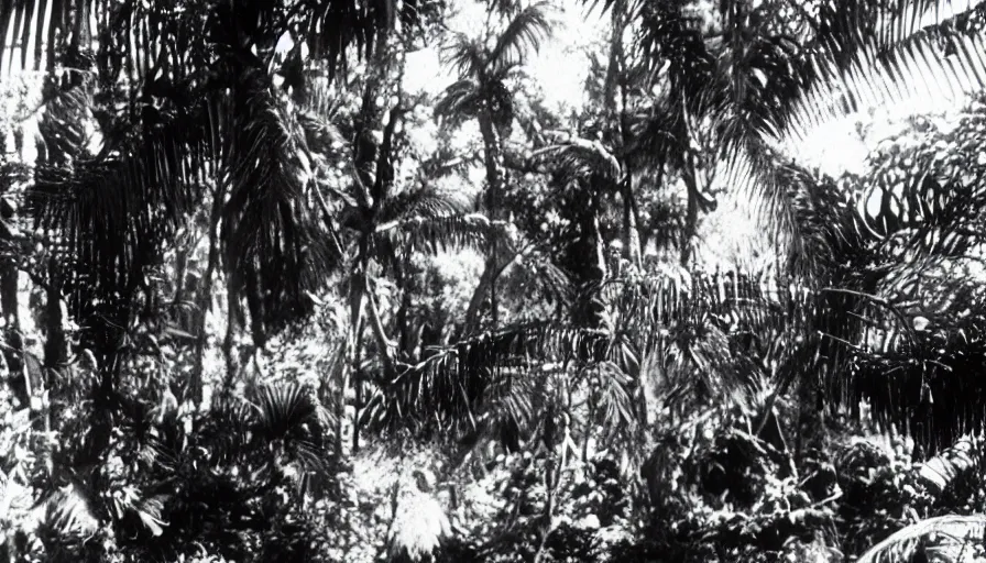 Prompt: lost film footage of a sacred object in the middle of the ( ( ( tropical jungle ) ) ) / film still / cinematic / enhanced / 1 9 2 0 s / black and white / grain