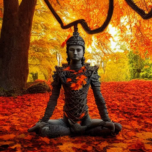 Prompt: warrior, wearing stone wood vines led diode armor, sitting in lotus position by tall tree with red and orange autumn leaves, meditation, highly detailed, dramatic lighting, night time, cinematic, sci - fi, hyperrealistic, detailed