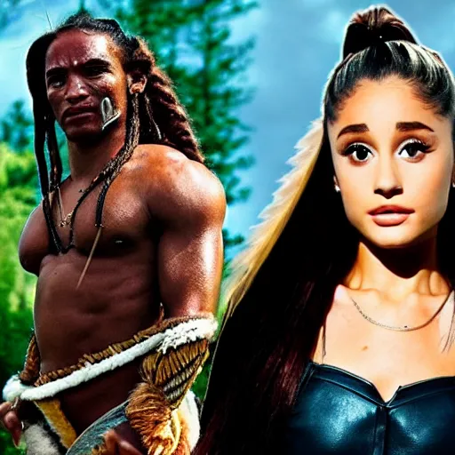 Image similar to ariana grande as a native american with The Predator behind her, colour, photography, realistic,