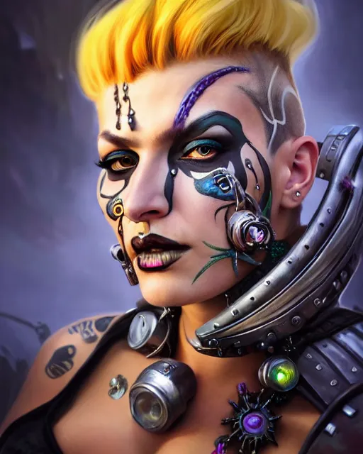 Prompt: junker queen from overwatch, mohawk, braids, face paint, elegant, lip piercing, none piercing, fantasy, fantasy art, character portrait, portrait, close up, highly detailed, intricate detail, amazing detail, sharp focus, vintage fantasy art, vintage sci - fi art, radiant light, caustics, by boris vallejo