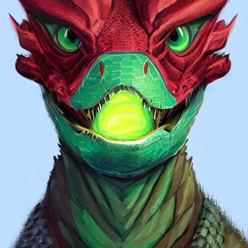 Prompt: portrait of an antropomorphic raptor knight, reptile face, red and green scales, angry look, ready for battle, mattepainting concept blizzard pixar maya engine on cold night stylized background splash comics global illumination lighting artstation lois van baarle, ilya kuvshinov, rossdraws