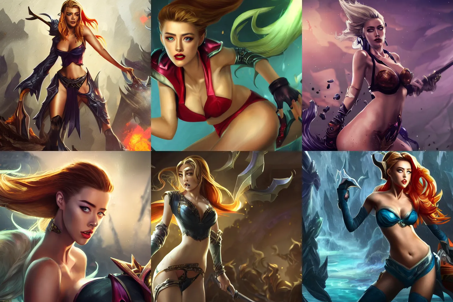 Prompt: Splash art of Amber Heard from league of legends by Alex Flores, Chengwei Pan, Bo Chen, Jennifer Wuestling, 4K, UHD, High quality, Trending on Artstation HQ; Foreground : Amber Heard alone ; Background : simple color; Body : Perfectly drawned arms, tiny waist, large hips, thick thighs; Wear : SFW clothes
