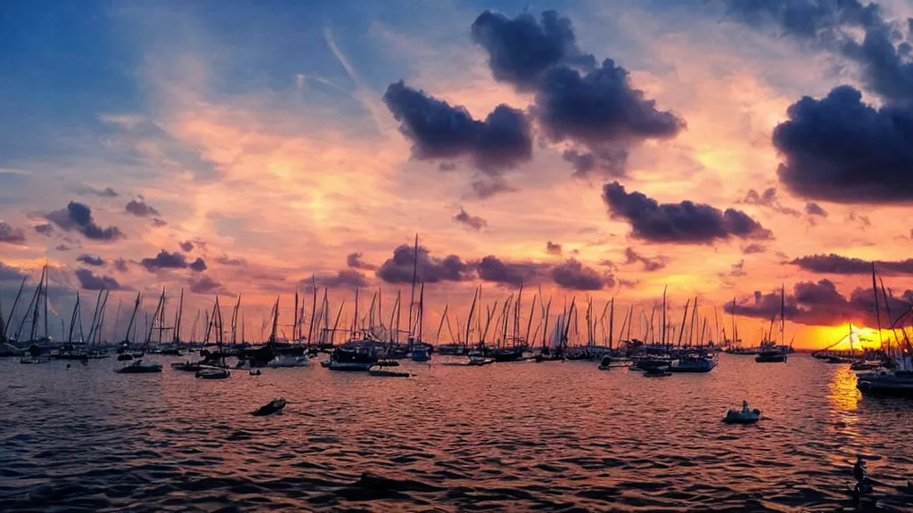 Image similar to sunset on caraibes, some boats, a few birds in the sky, sharp focus, photography 35 mm lens, paisible night lighting, incredible art photo shot