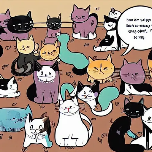 Prompt: a room full of cats singing in comic art style