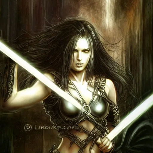 Image similar to female warrior, black hair, glowing sword, cinematic, by luis royo